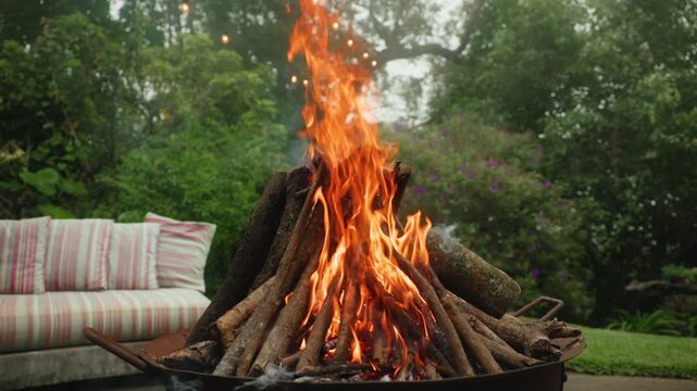 Rustic fire pit with stacked logs burning brightly in a lush backyard garden. Orange flames rise from the wood pile with outdoor sofa and string lights visible in the green landscape.