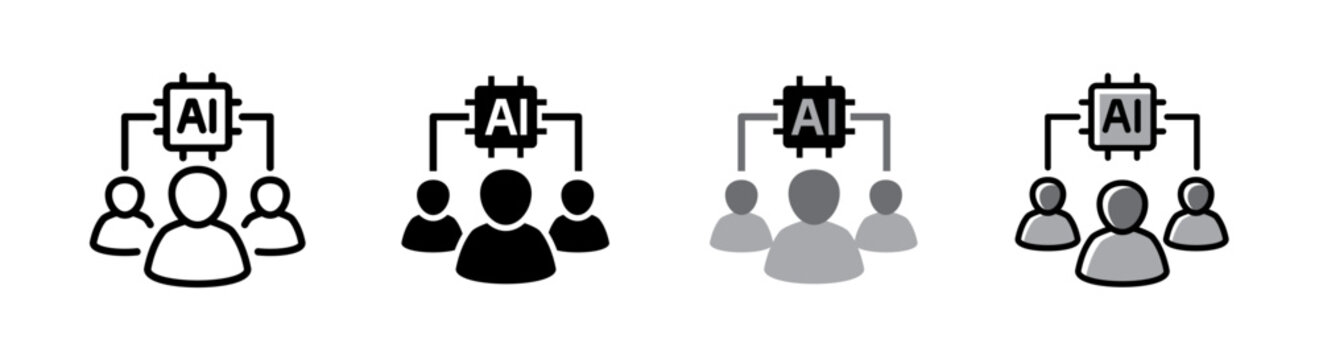 AI workforce analytics hybrid icon, employee data network with artificial intelligence indicator. Icon set of 4 style variation.