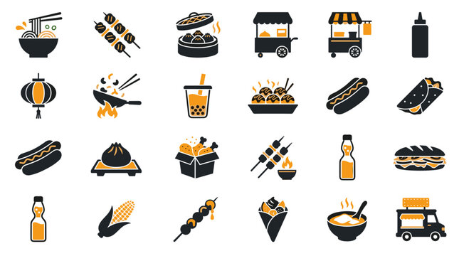 Diverse Icon Set Depicting Various Street Foods and Beverages in a Stylized Flat Design