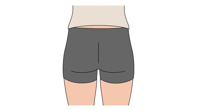 Before and after buttocks lift animation featuring female body transformation. Flat vector illustration with lifting arrows, fitness, body shaping, aesthetic enhancement concept. 4K white background.