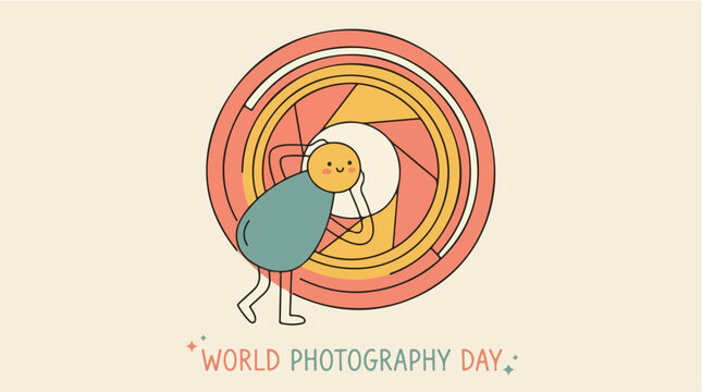 World Photography Day greeting card vector, cute character looking through camera lens aperture, retro aesthetic photography celebration banner
