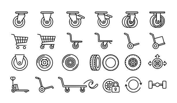 Shopping Cart and Trolley Wheel Outline Vector Icon Collection