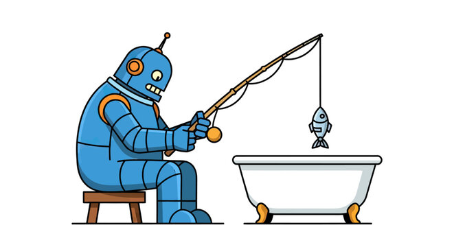 Blue robot sitting on a stool fishing in bathtub.