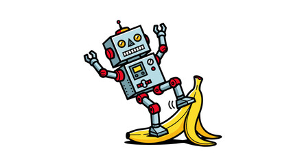 Naklejka premium Clumsy robot character slipping on a yellow banana peel.