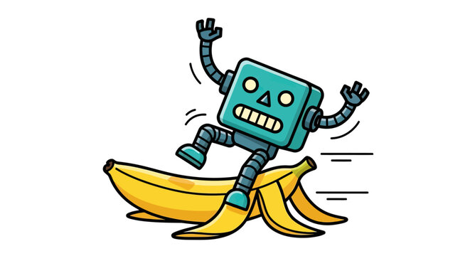 Clumsy robot slipping on a yellow banana peel.