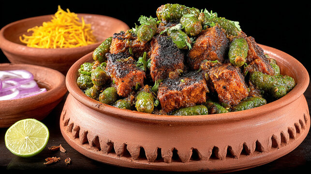 Spicy stuffed bitter gourd bharwa karela served in traditional earthen clay pot dish