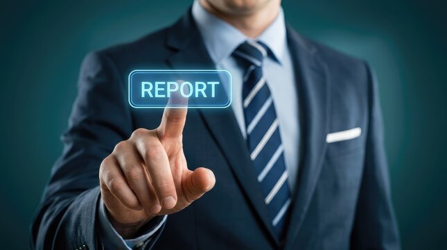 Businessman pressing report button on virtual interface