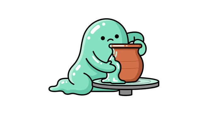 Green slime character making clay pottery illustration.