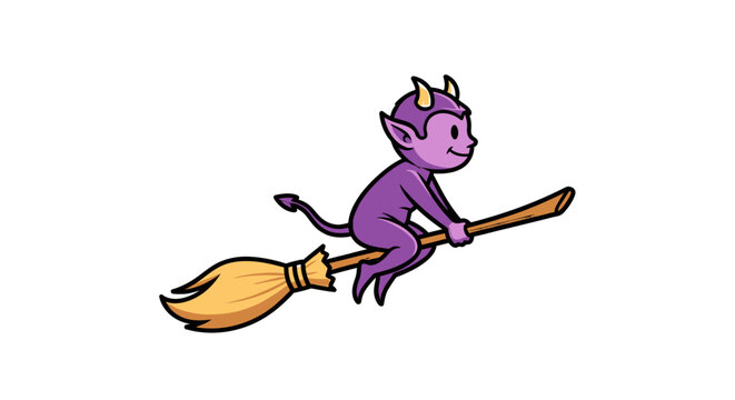 Little purple imp character flying on a wooden broomstick.