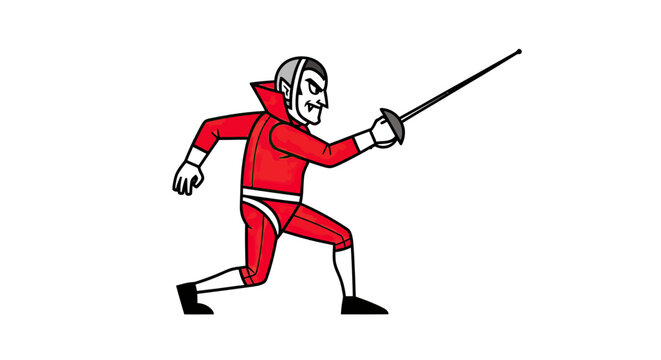 Male fencer athlete lunging with a rapier in red uniform.