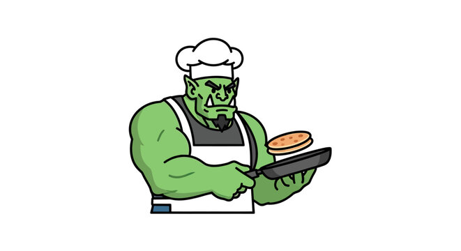 Muscular green orc chef flipping a pancake in pan.