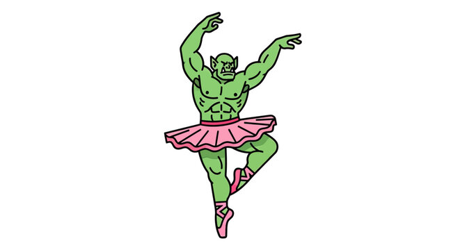 Muscular green orc ballerina dancing in a pink tutu.