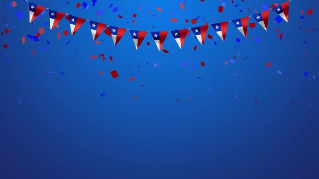 Chilean flags waving with falling confetti on blue background, September 18th celebration, chile banderines