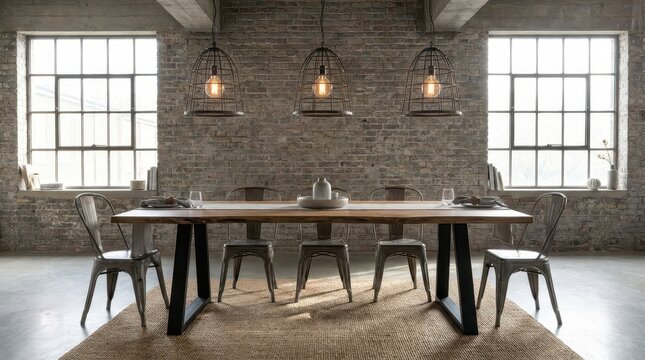 Industrial dining room with large windows, metal chairs, and a wooden table set for a meal