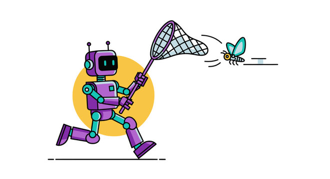 Purple robot catching butterfly with net illustration.