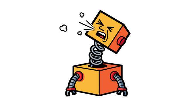 Robot character popping out of a jack-in-the-box.