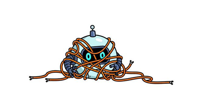Small robot tangled in a mess of brown wires.