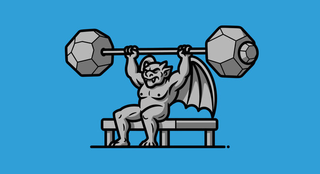 Stone gargoyle lifting weights on a blue background.