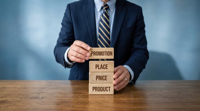 Businessman building marketing mix blocks on wooden table