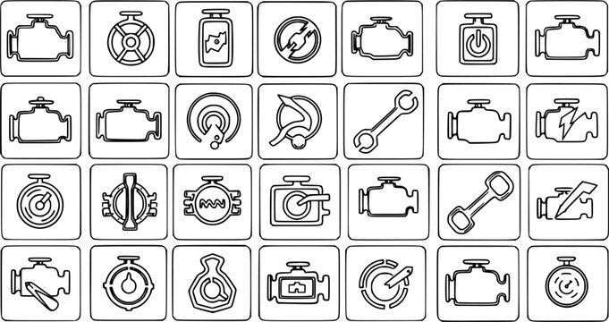 Automotive Engine, Repair, and Dashboard Symbols Line Art Icons Set. Vehicle Check Engine Light, Oil, Speedometer, and Wrench Glyph Icons.