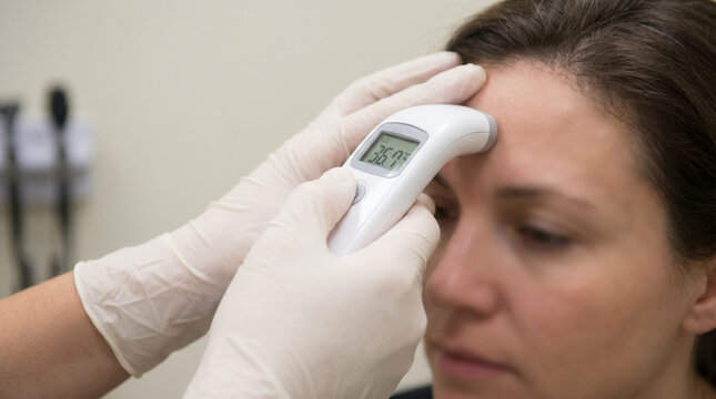 Healthcare professional in white gloves meticulously taking a patient's forehead temperature with a precise digital infrared thermometer for essential health monitoring and medical assessment