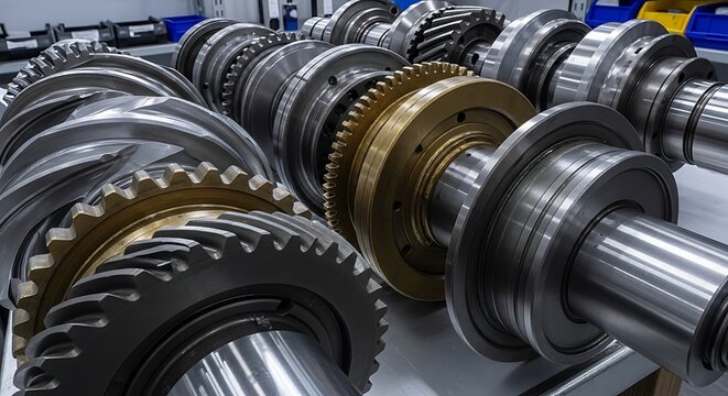 Close-up of industrial metal gears and shafts assembly in workshop
