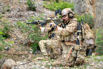 Fototapeta premium Military training exercise stealth operation outdoor terrain tactical environment ground level view combat readiness concept