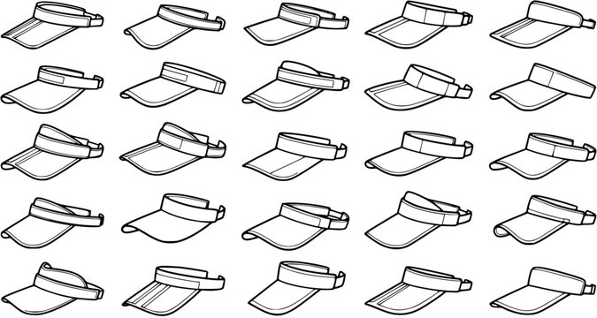 Black and White Line Art Collection of Sports Visors, Sun Hats and Caps for Fashion and Sport