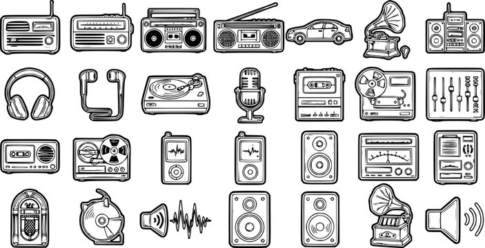 Black and White Line Art Icons of Vintage and Modern Audio Equipment