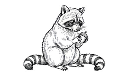Raccoon sitting and holding an acorn in hand drawn line art style © love