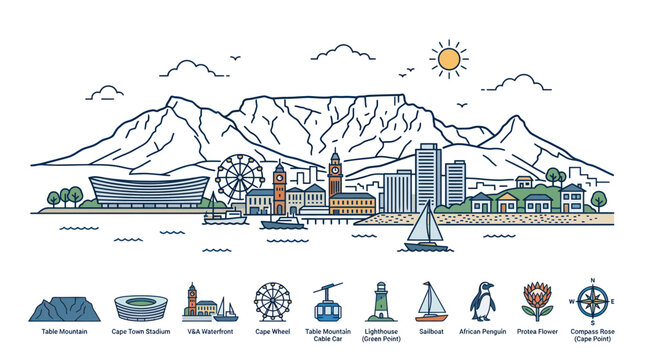 Cape town city skyline with table mountain and coastal landmarks