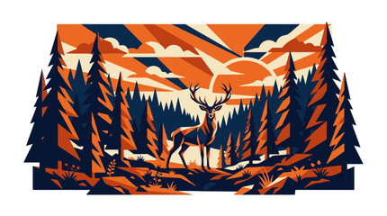 Deer Standing in a Coniferous Forest at Sunset Featuring Geometric Shapes and an Orange Dusk Sky for Creative Nature Projects © yourbae