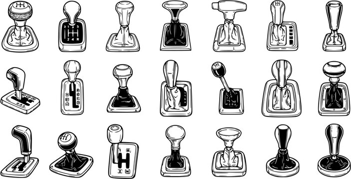 Automotive Manual and Automatic Gear Shifter Levers Icon Set - Black and White Line Art Transmission Parts for Car Design and Mechanics