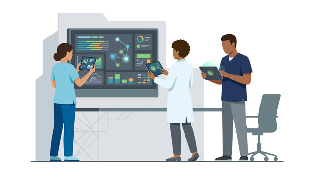 Flat vector illustration of healthcare professionals and medical researchers analyzing data on a large digital screen and tablets in a modern laboratory or hospital workstation.