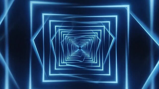 A glowing blue tunnel of geometric square frames receding into the dark distance