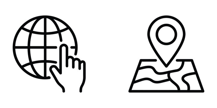 Global network connectivity and location map thin line icons set with location navigation internet