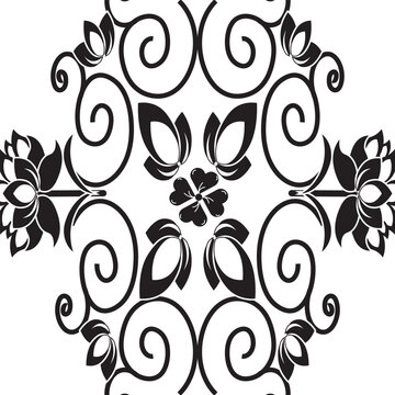 Elegant black and white floral filigree ornament with symmetrical scrollwork and central flower motif for decorative design