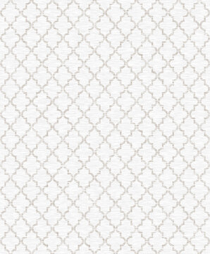 Seamless elegant white quatrefoil pattern featuring sophisticated light beige geometric moroccan tile motifs with a delicate fabric texture