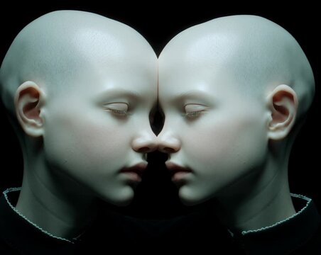 two statues of faces are shown side by side