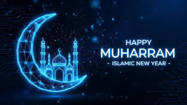 A glowing blue digital wireframe crescent moon and mosque silhouette celebrating happy muharram islamic new year