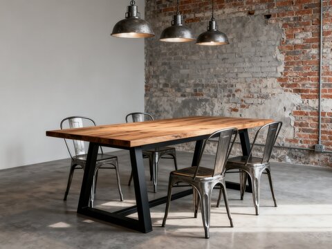 Industrial dining room with wooden table and metal chairs against brick wall