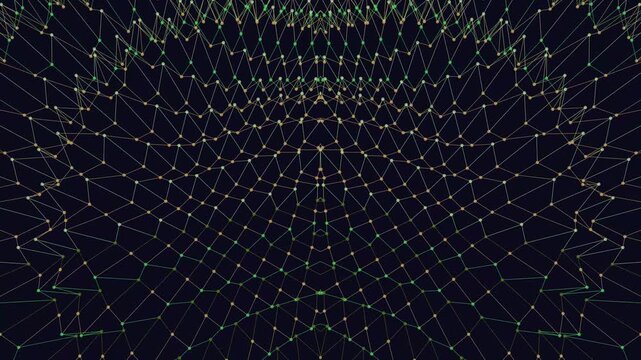 Abstract dark geometric network with golden lines and green dots creating a modern dimensional perspective background