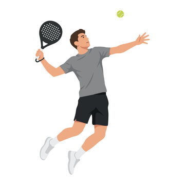 Male Padel Tennis Player Jumping Smash Action Flat Vector Illustration Isolated White Background