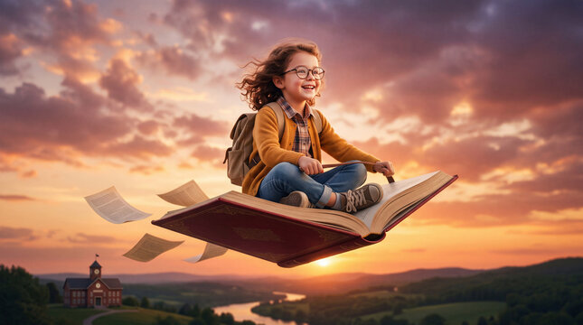 Imagination Takes Flight: A young girl with a backpack joyfully rides a flying book through a dreamlike sunset sky, surrounded by floating pages.
