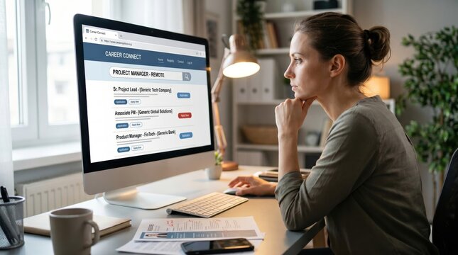 Woman searching for remote project manager jobs on computer screen, career development and online recruitment platform concept