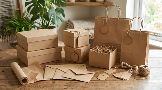 Eco Friendly Craft Paper Packaging Mockup Set with Gift Boxes, Shopping Bags, Kraft Envelopes, and Price Tags on Wooden Table