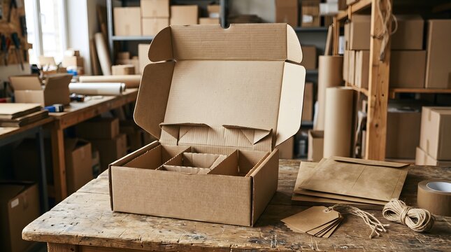 Open Blank Brown Cardboard Box Mockup with Dividers on Rustic Wooden Workbench in Logistics Warehouse Shipping Workshop
