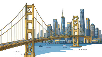 Fototapeta premium Golden suspension bridge and modern city skyline over blue water
