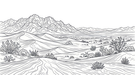 Fototapeta premium Desert landscape with sand dunes and mountain range line art