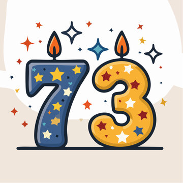 Number 73 Birthday Candles with Stars and Sparkles